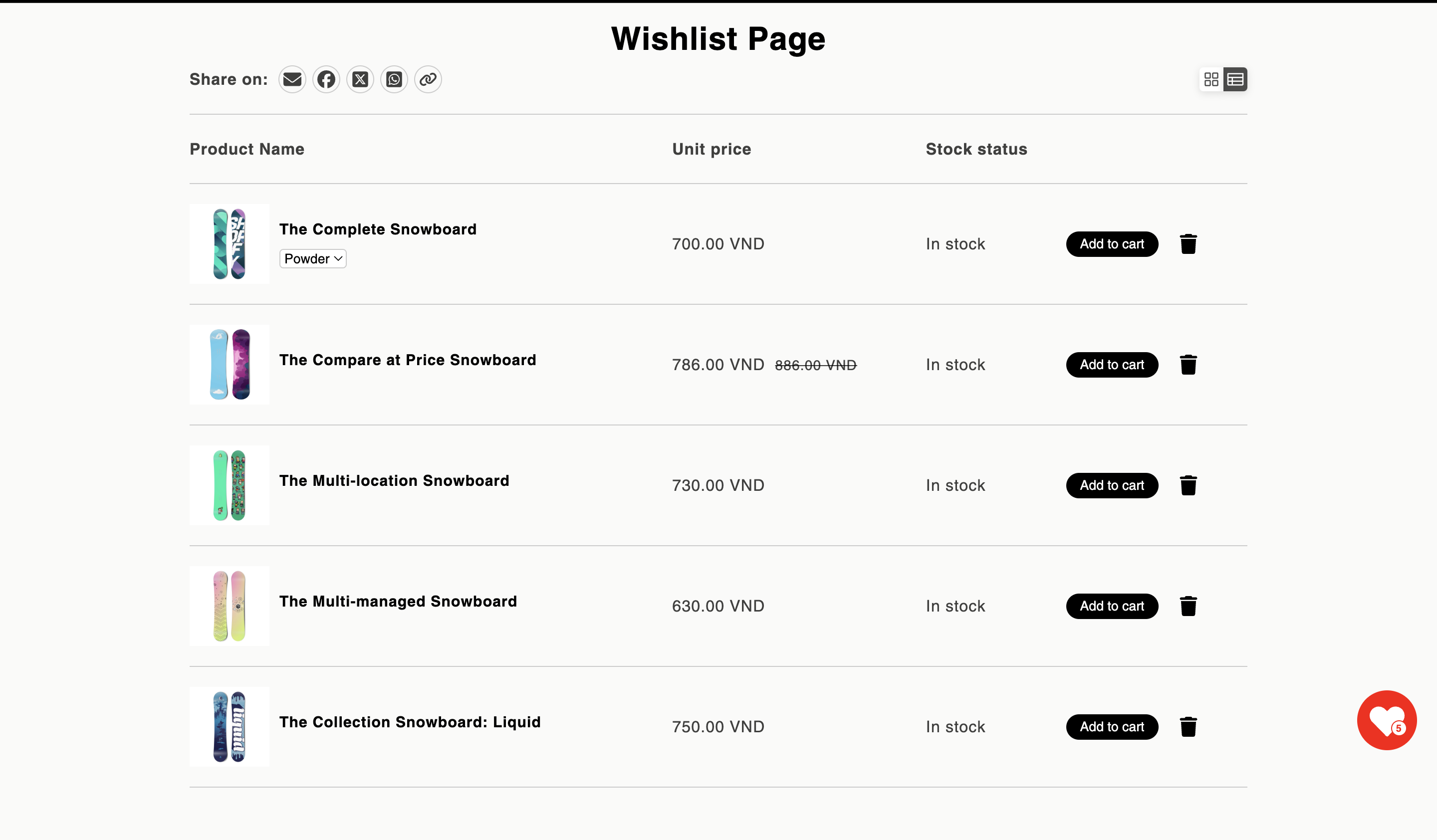 Wishlist page